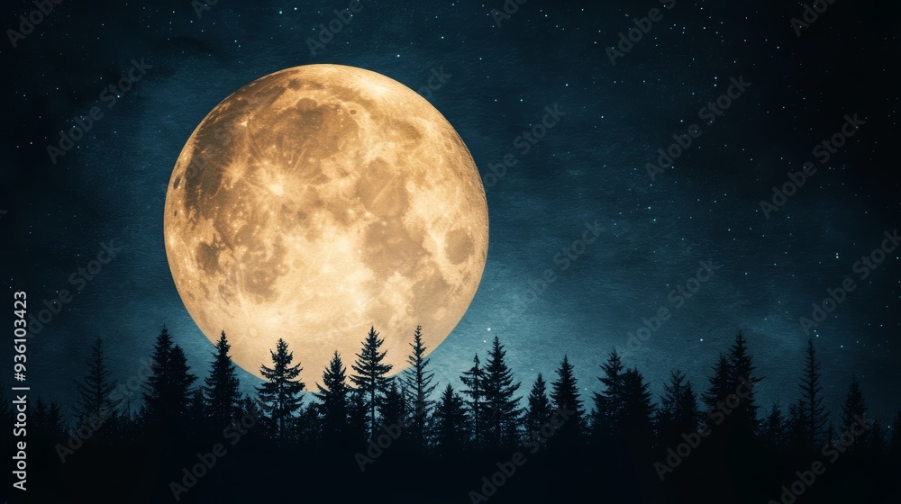 A stunning full moon rises above a silhouette of tall trees under a starry night sky, creating a serene and enchanting atmosphere. A stunning full moon rises above a silhouette of tall trees under a starry night sky, creating a serene and enchanting atmosphere.