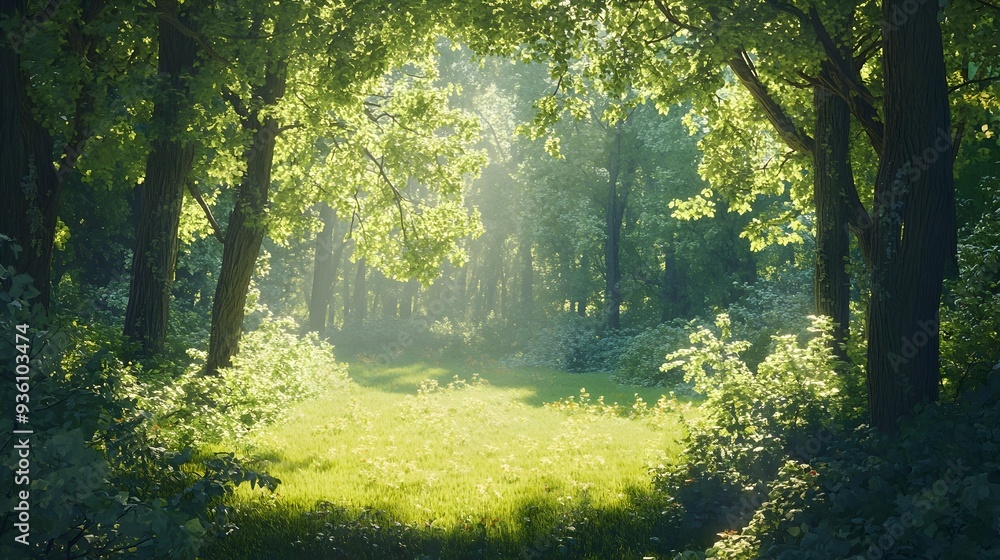 Fototapeta premium Tranquil Sunlit Forest Clearing with Verdant Foliage and Dappled Lighting