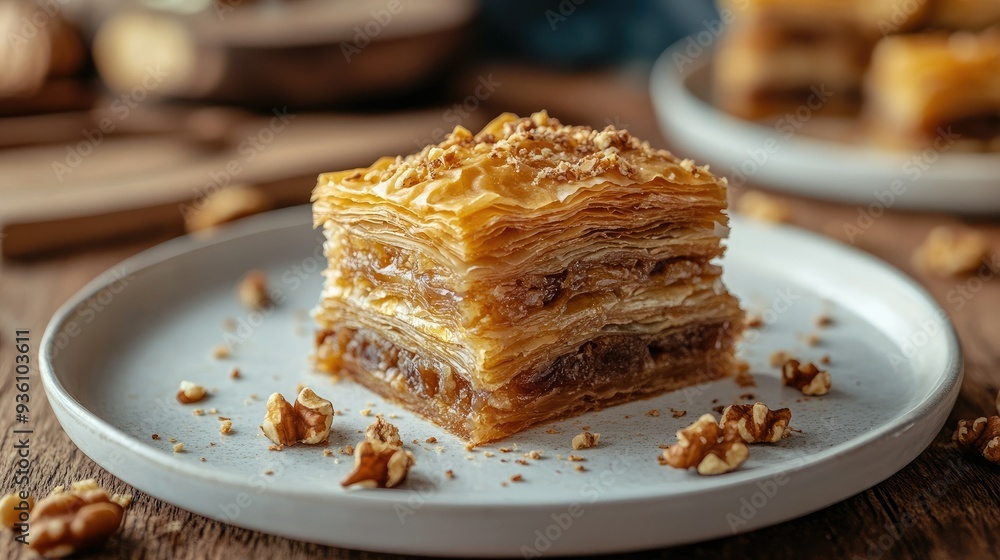 Tempting baklava on a white plate, bathed in natural light, with golden layers and walnut sprinkles glistening. Tempting baklava on a white plate, bathed in natural light, with golden layers and walnut sprinkles glistening.