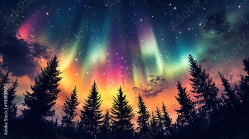 The aurora's glowing colors light up the night sky, with tree silhouettes etched against the radiant, dancing lights.