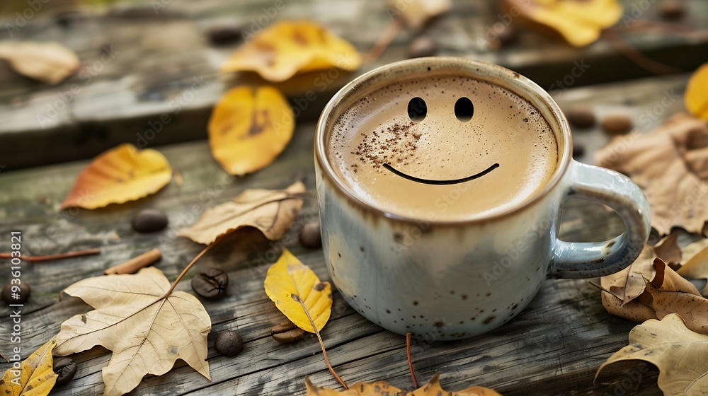 coffee cup with happy face over wooden table and tree leaves coffee cup with happy face over wooden table and tree leaves