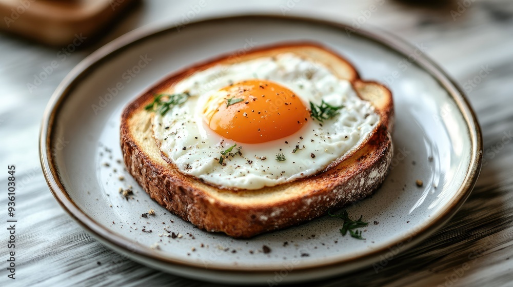 Toast with a fried egg on top, served on a plate, capturing the essence of a classic, hearty breakfast. Toast with a fried egg on top, served on a plate, capturing the essence of a classic, hearty breakfast.