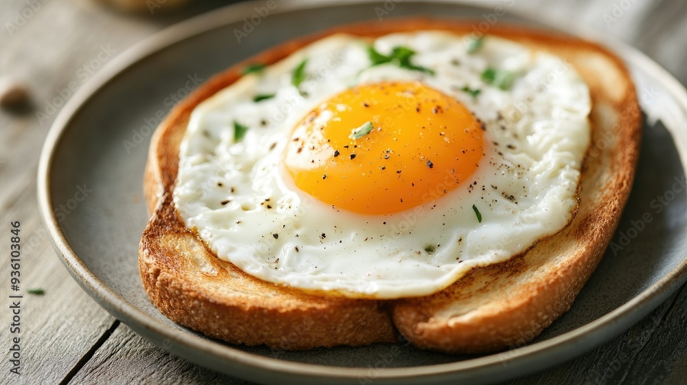Toast with a fried egg on top, served on a plate, capturing the essence of a classic, hearty breakfast. Toast with a fried egg on top, served on a plate, capturing the essence of a classic, hearty breakfast.