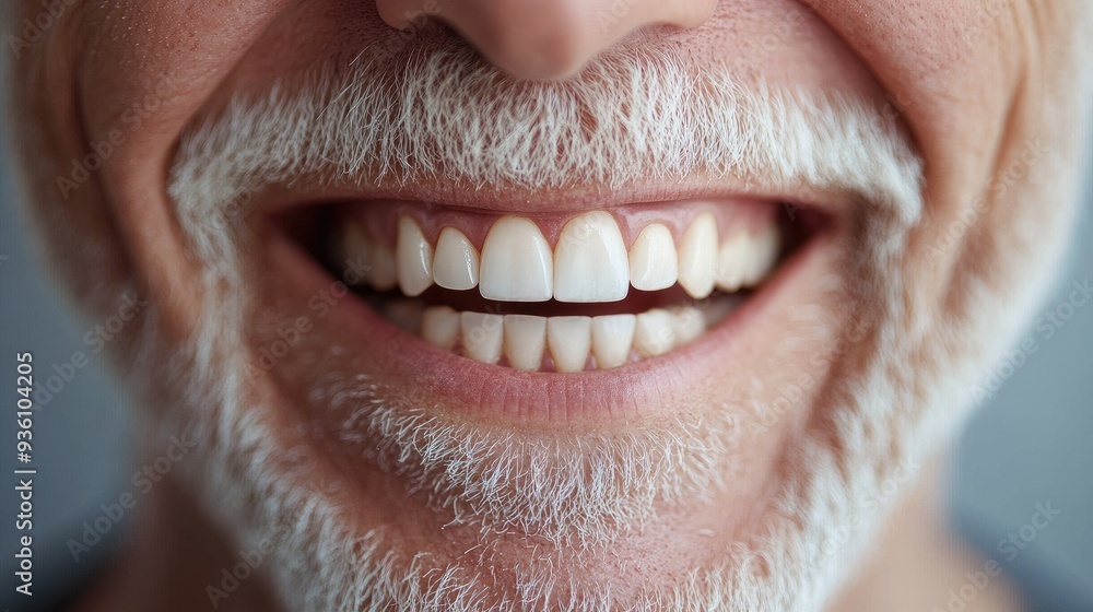 Fototapeta premium Close-up of a senior man mouth smiling, showcasing healthy teeth, ideal for dental hygiene or cosmetic service promotions.