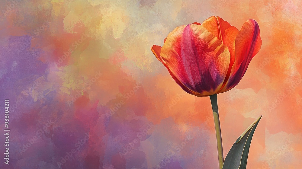 Obraz premium Vibrant tulip bathed in soft sunset hues, bold colors merging into delicate petals against an artistic background.
