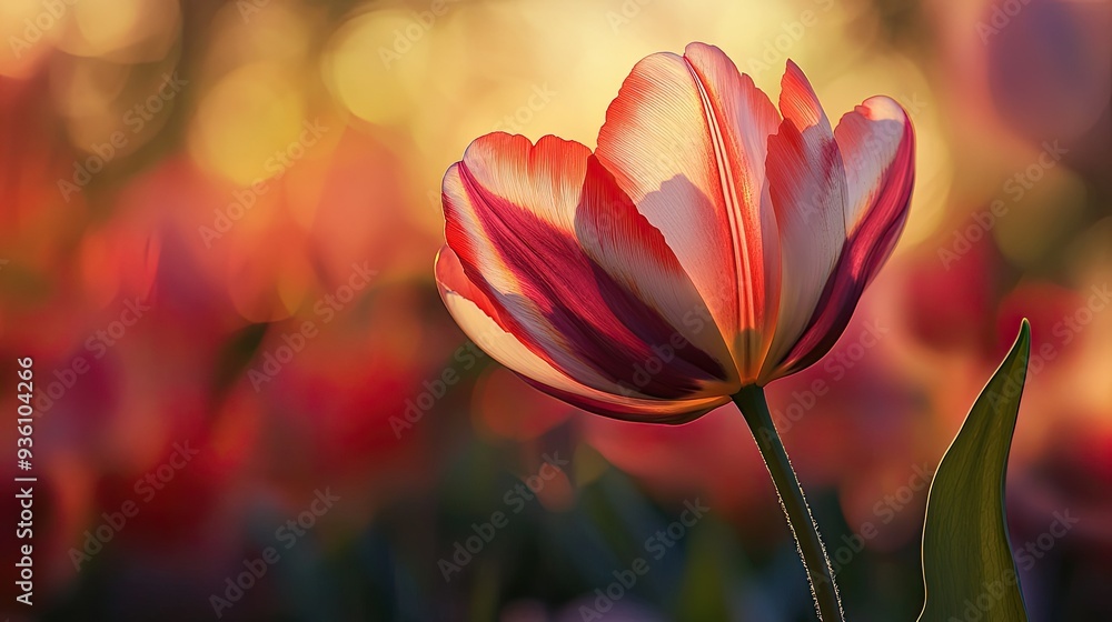 Vibrant tulip in sunset, with bold colors and delicate petals merging into an artistic, serene landscape. Vibrant tulip in sunset, with bold colors and delicate petals merging into an artistic, serene landscape.