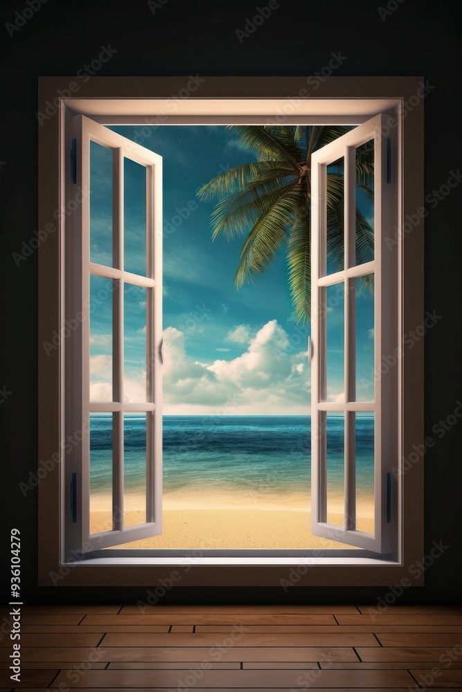 Fototapeta premium Minimalist Interior with Ocean View Through Large Window