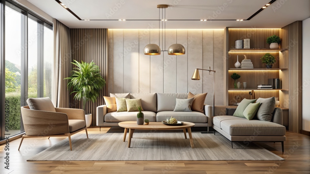 Fototapeta premium Modern living room with sleek furniture, neutral color palette, minimalistic design, natural lighting, cozy ambiance