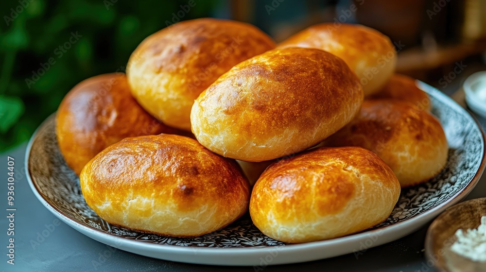 Warm, freshly baked pirozhki, with a golden crust and savory filling, arranged on a plate, ready to enjoy. Warm, freshly baked pirozhki, with a golden crust and savory filling, arranged on a plate, ready to enjoy.