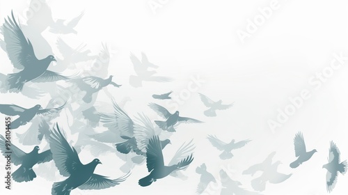 Flock of Doves Flying in a White Sky - Peace and Freedom