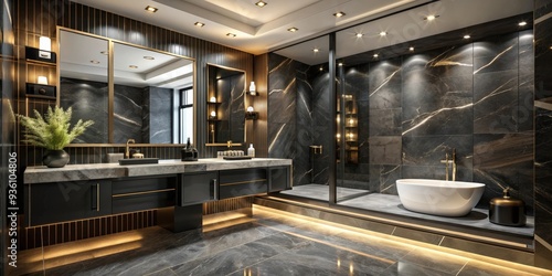 Luxurious black and marble bathroom corner with elegant fixtures and dramatic lighting