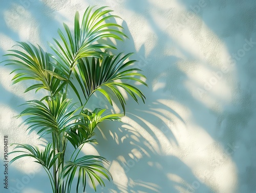 minimalist architectural detail crisp shadow of palm leaves on textured white wall interplay of light and shadow zenlike composition photo