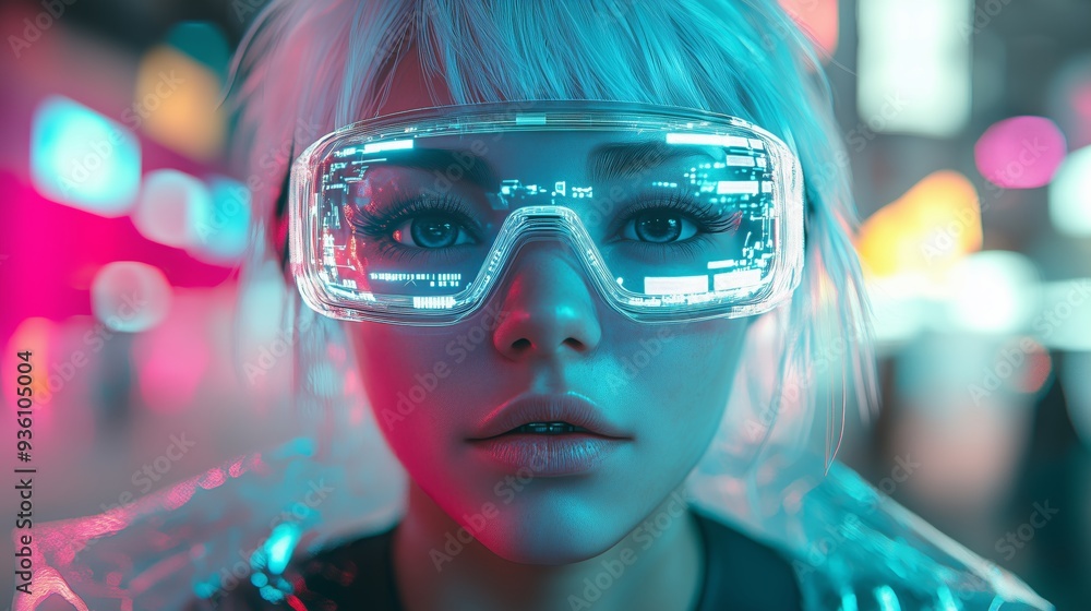 Young woman with white hair wearing illuminated virtual reality glasses, staring intently at the viewer, set in a vibrant cyberpunk environment. Young woman with white hair wearing illuminated virtual reality glasses, staring intently at the viewer, set in a vibrant cyberpunk environment.