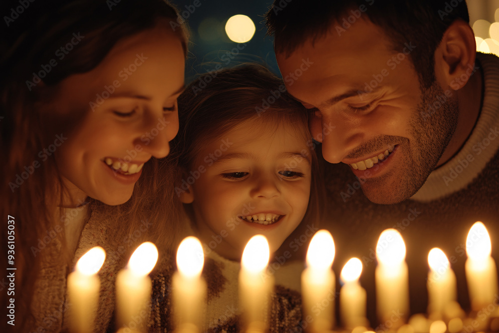 A family of three, a man and two children, are gathered around a candlelit table A family of three, a man and two children, are gathered around a candlelit table