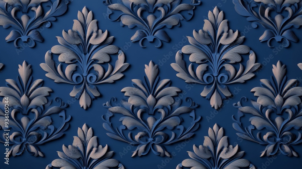 Elegant blue wallpaper design featuring intricate floral patterns, perfect for adding a luxurious touch to interiors.