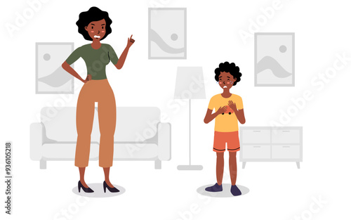 Mother scolding her son in a modern living room setting during the afternoon