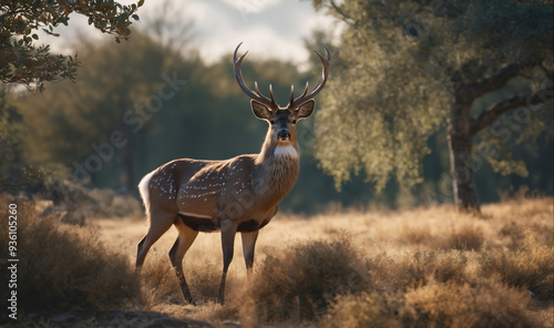 A deer stands in a grassy field, looking directly at the camera, with a forest of trees in the background photo