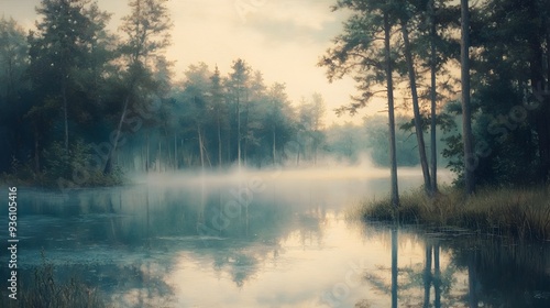 Misty Lakeside Sunrise with Pastel Skies and Framing Trees in Impressionist Landscape Style