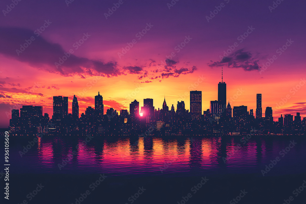 Fototapeta premium A city skyline is reflected in the water at sunset