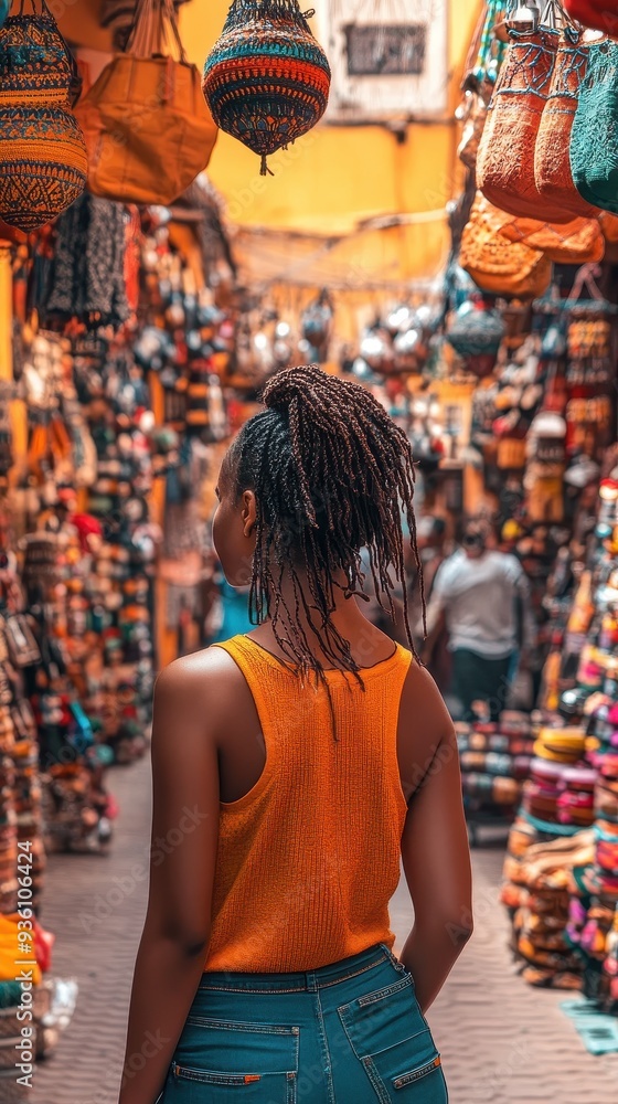 A solo traveler enjoys the sights of a lively market, surrounded by colorful crafts, textiles, and unique local goods A solo traveler enjoys the sights of a lively market, surrounded by colorful crafts, textiles, and unique local goods