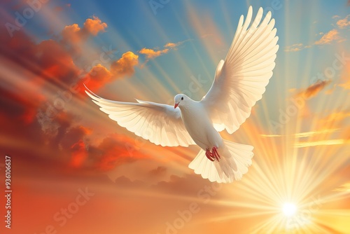 White Dove Soaring Through Sunset Sky - Symbol of Peace and Hope photo