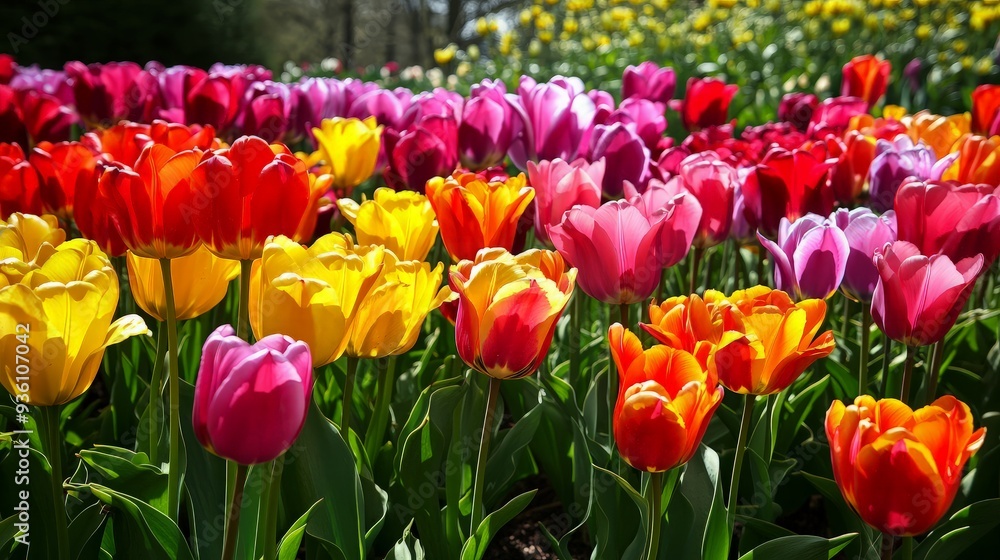 Obraz premium A vibrant field of colorful tulips