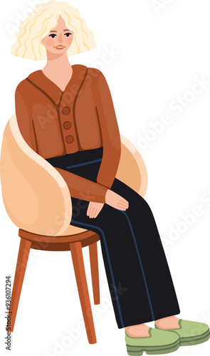 A young girl is sitting on the chair. Home. Vector.