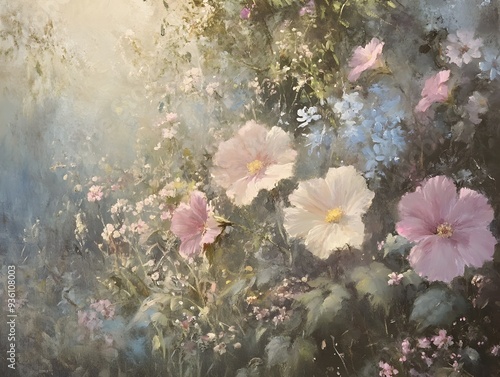 A Dreamy and Ethereal Floral Garden Captured in Delicate Oil Painting