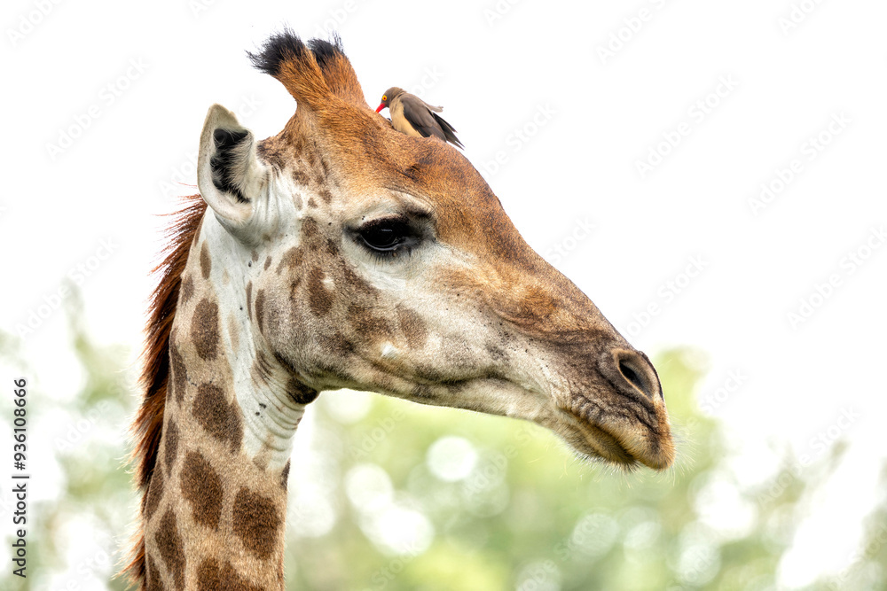 Portrait of a Giraffe with a red-billed oxpecker (Buphagus erythrorynchus) in Kruger National Park in South Africa Portrait of a Giraffe with a red-billed oxpecker (Buphagus erythrorynchus) in Kruger National Park in South Africa
