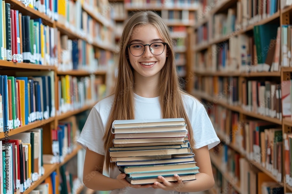 A portrait of a trendy high school girl in her 20s, with glasses, holding a stack of textbooks in a university library or bookshop, studying for exams and working on assignments.
A portrait of a trendy high school girl in her 20s, with glasses, holding a stack of textbooks in a university library or bookshop, studying for exams and working on assignments.