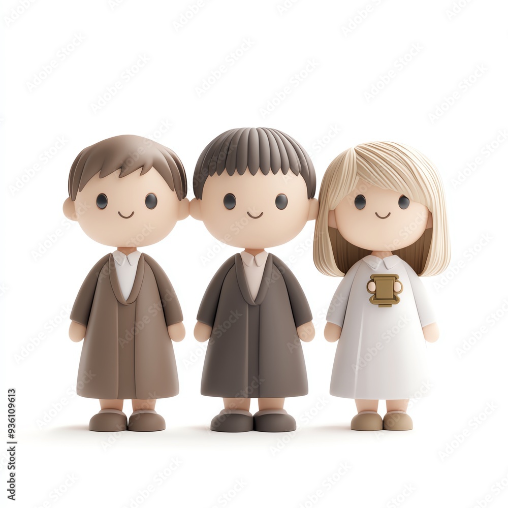 Three cute, cartoon-style characters in traditional attire, ideal for children's stories, educational materials, or playful designs. Three cute, cartoon-style characters in traditional attire, ideal for children's stories, educational materials, or playful designs.