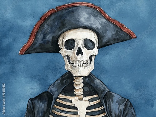 Pirate skeleton captain, guarding haunted treasure, eerie atmosphere, Watercolor style photo