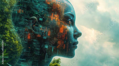 a surreal scene of a human head partially transformed into a digital landscape, featuring the left side of the head dissolving into a grid of data streams, binary codes, and holographic displays