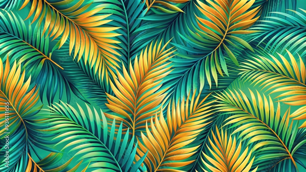 Seamless tropical pattern featuring palm leaves on a vibrant background Seamless tropical pattern featuring palm leaves on a vibrant background