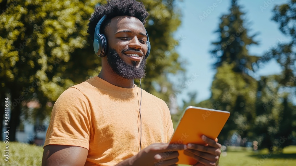 Fototapeta premium A young African American man relaxes in a sunny park, streaming content on a tablet while listening through headphones