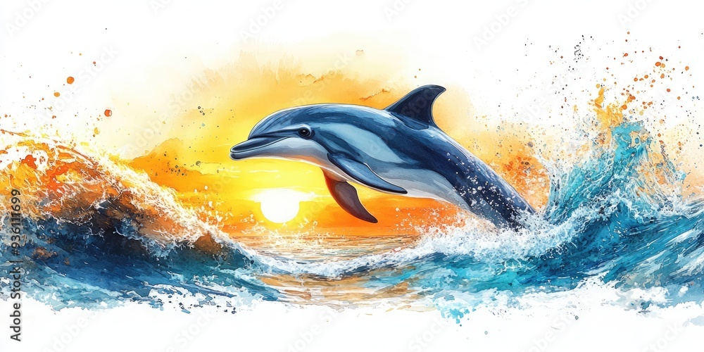Fototapeta premium Dolphin Leaping Through Ocean Waves at Sunset