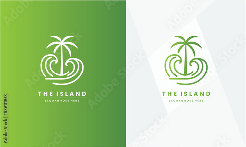 Sea ​​wave with palm tree logo design vector illustration.
Ocean creativity water design.