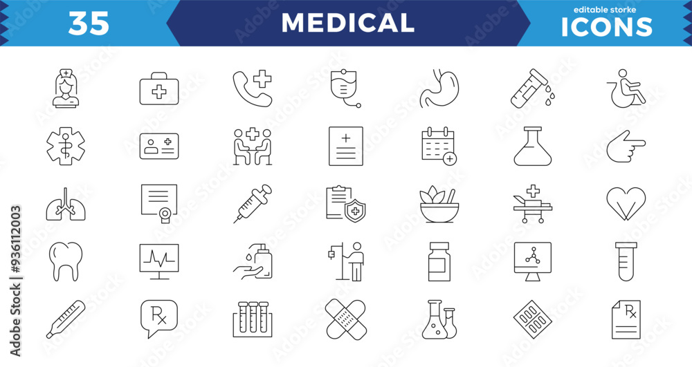 Fototapeta premium Medicine and Health symbols - minimal thin line web icon set. signs and symbols of medicine and pharmacology, hospital, doctor, tests, etc. Emergency, medical equipment, RX, MRI, doctor, lab, icon