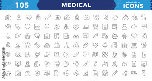 Medicine and Health symbols - minimal thin line web icon set. signs and symbols of medicine and pharmacology, hospital, doctor, tests, etc. Emergency, medical equipment, RX, MRI, doctor, lab, icon