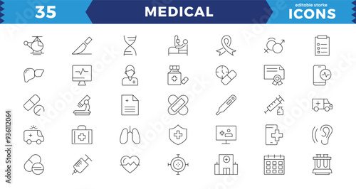 Medicine and Health symbols - minimal thin line web icon set. signs and symbols of medicine and pharmacology, hospital, doctor, tests, etc. Emergency, medical equipment, RX, MRI, doctor, lab, icon