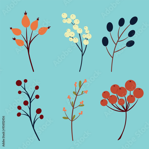 Branches with berries vector set, rose hips, rowan, honeysuckle, hawthorn, elderberry, berries clip art
