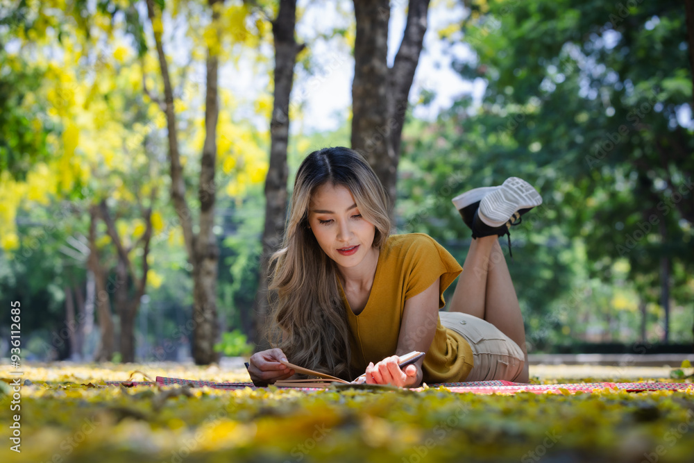 © kamonrat - Woman Relaxing on a Blanket with a Book and Phone in a Park Surrounded by Yellow Leaves and Green Trees on a Sunny Day © kamonrat - Woman Relaxing on a Blanket with a Book and Phone in a Park Surrounded by Yellow Leaves and Green Trees on a Sunny Day