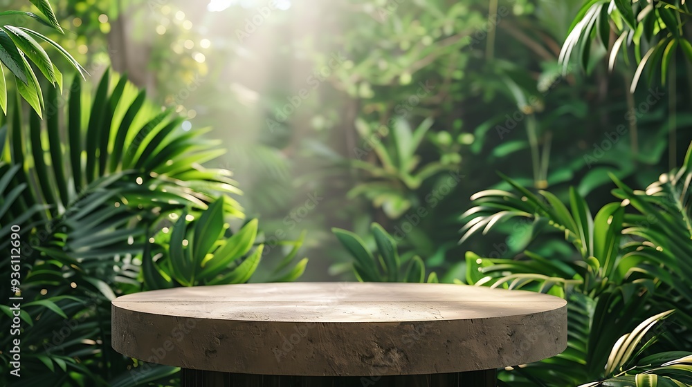 A green botanical podium with leaves, providing a fresh and natural backdrop for product display or presentation. A green botanical podium with leaves, providing a fresh and natural backdrop for product display or presentation.