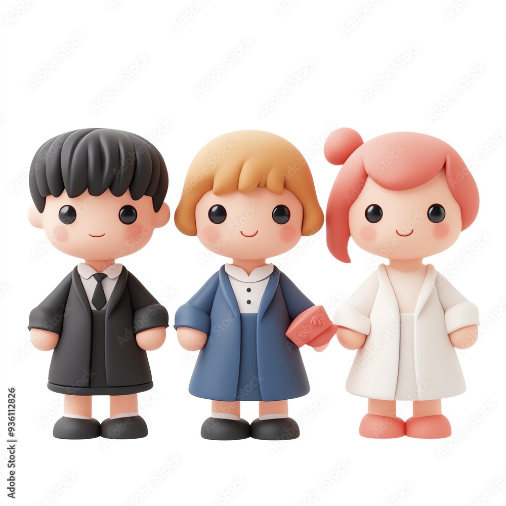 Cute, colorful figurines representing diverse characters in stylish outfits, perfect for playful decor or children's stories. Cute, colorful figurines representing diverse characters in stylish outfits, perfect for playful decor or children's stories.