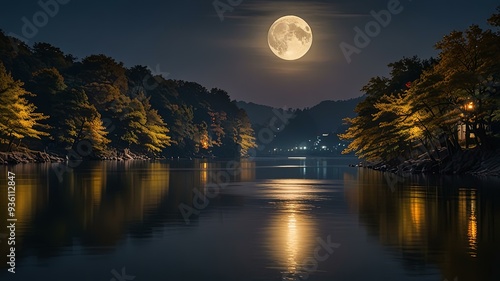 中秋の名月が映える川辺の夜