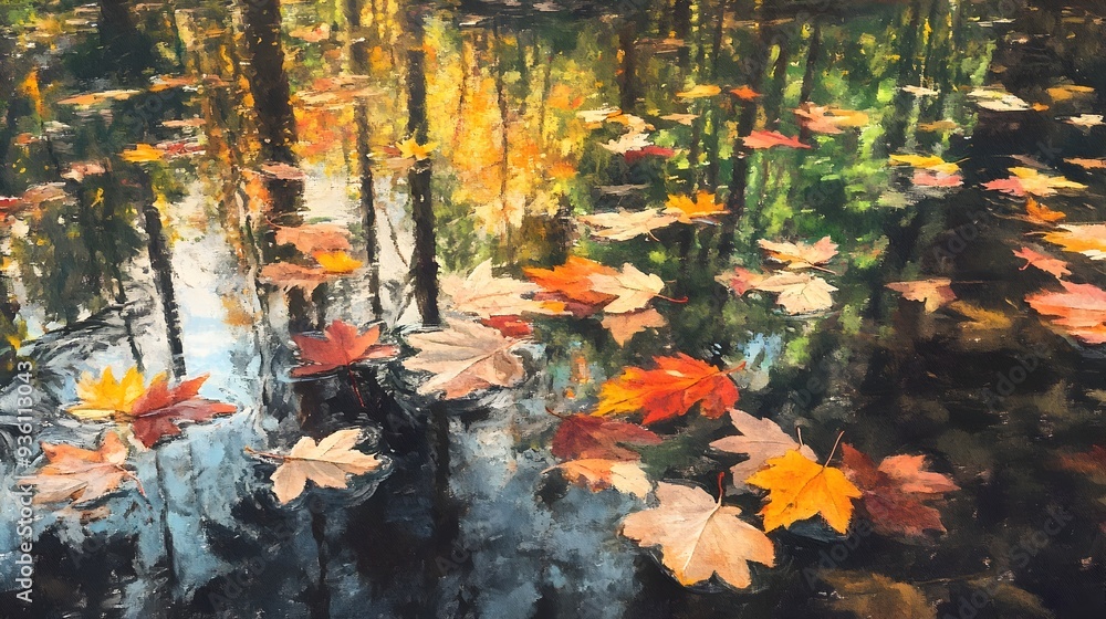 Vibrant Autumn Foliage Reflected in Serene Forest Puddle with Intricate Leaf Patterns Vibrant Autumn Foliage Reflected in Serene Forest Puddle with Intricate Leaf Patterns