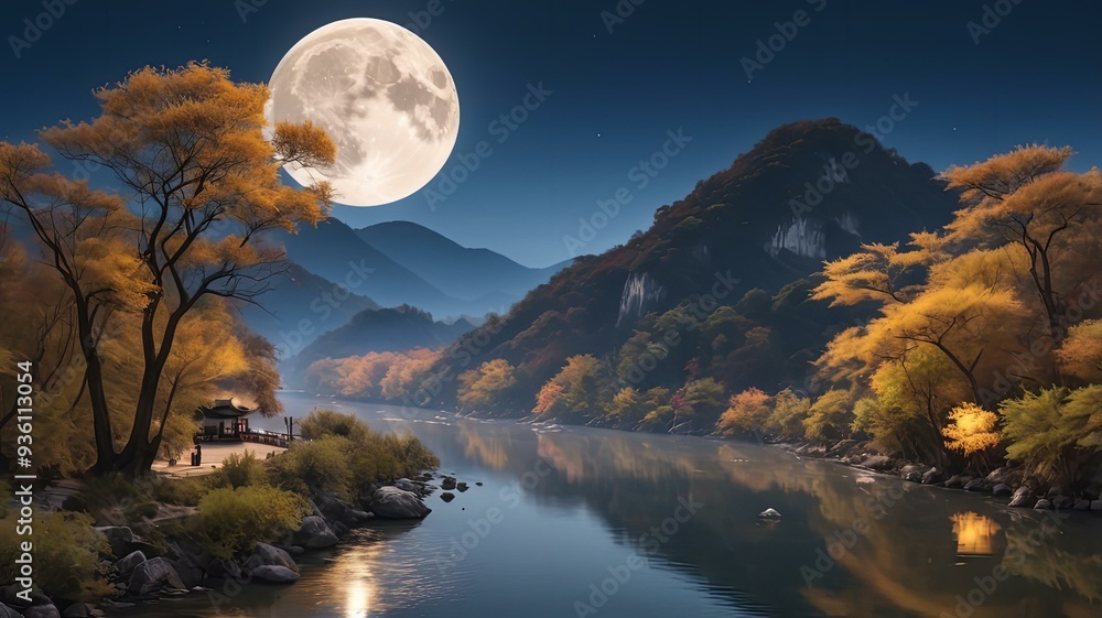 中秋の名月が映える川辺の夜 中秋の名月が映える川辺の夜