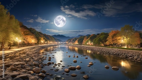 中秋の名月が映える川辺の夜