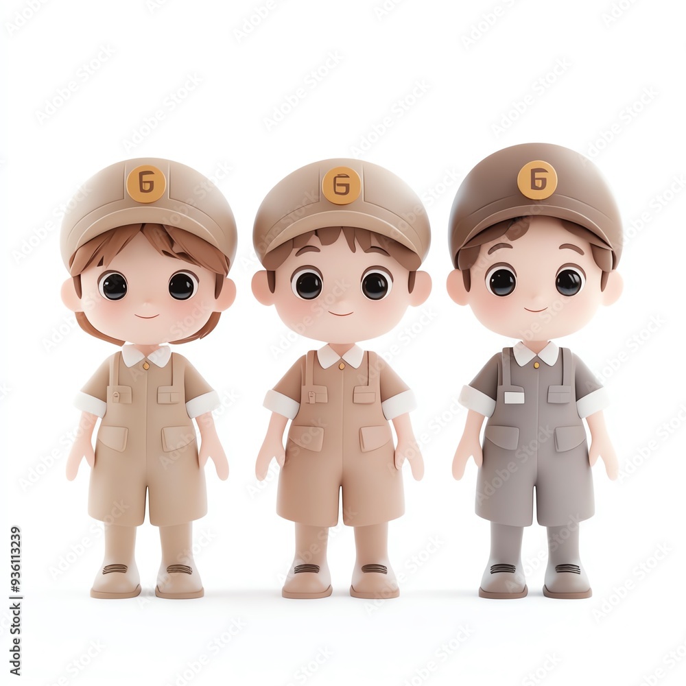 Naklejka premium Cute cartoon boys in uniforms standing together, showcasing playful design and vibrant colors, perfect for children's themes.