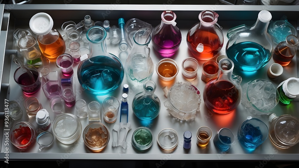 A top-down view of a laboratory bench filled with scientific glassware, including Erlenmeyer flasks, beakers, and graduated cylinders, all filled with vibrant liquids. A top-down view of a laboratory bench filled with scientific glassware, including Erlenmeyer flasks, beakers, and graduated cylinders, all filled with vibrant liquids.